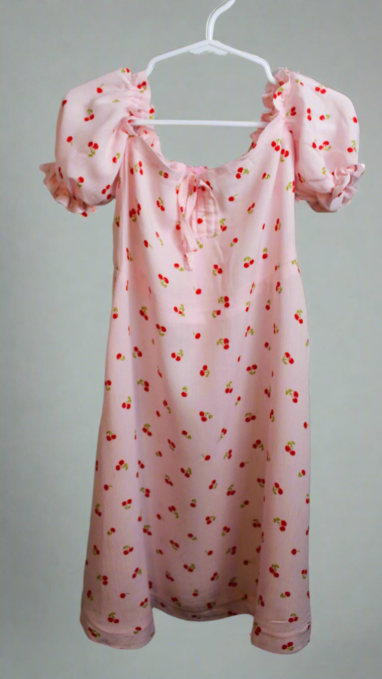 Girls Puff Sleeve Cherry Dress
