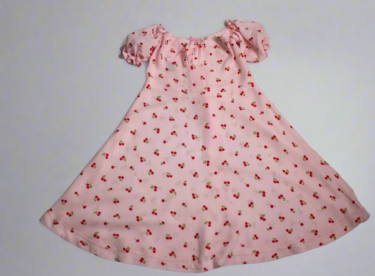 Girls Puff Sleeve Cherry Dress