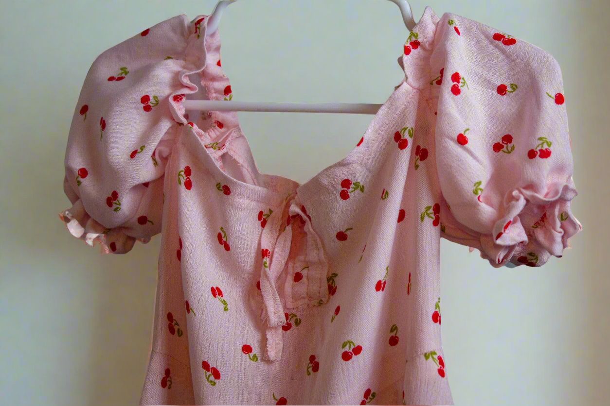Girls Puff Sleeve Cherry Dress