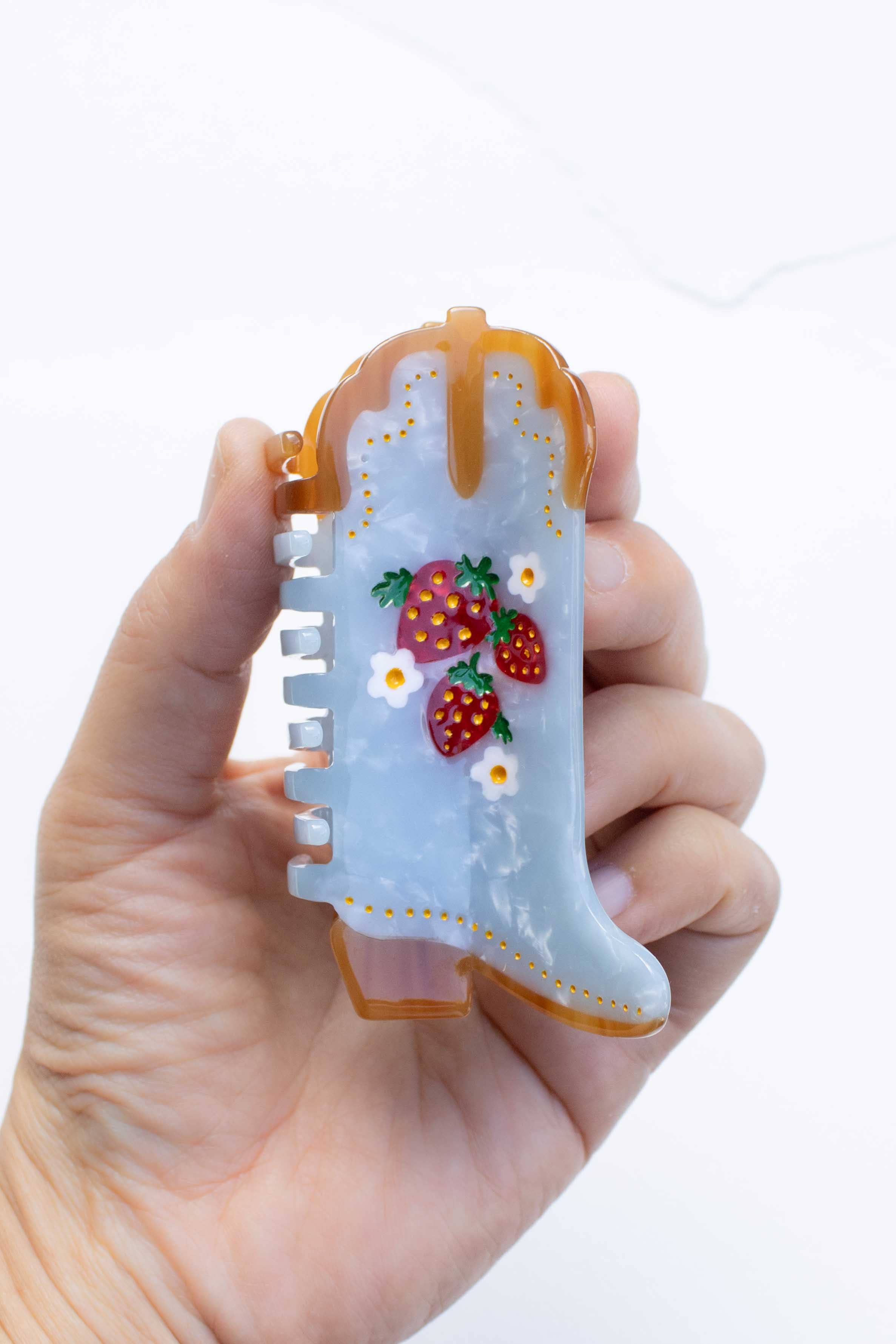 Cute Strawberry Embellished Cowgirl Boots Hair Claw Clip