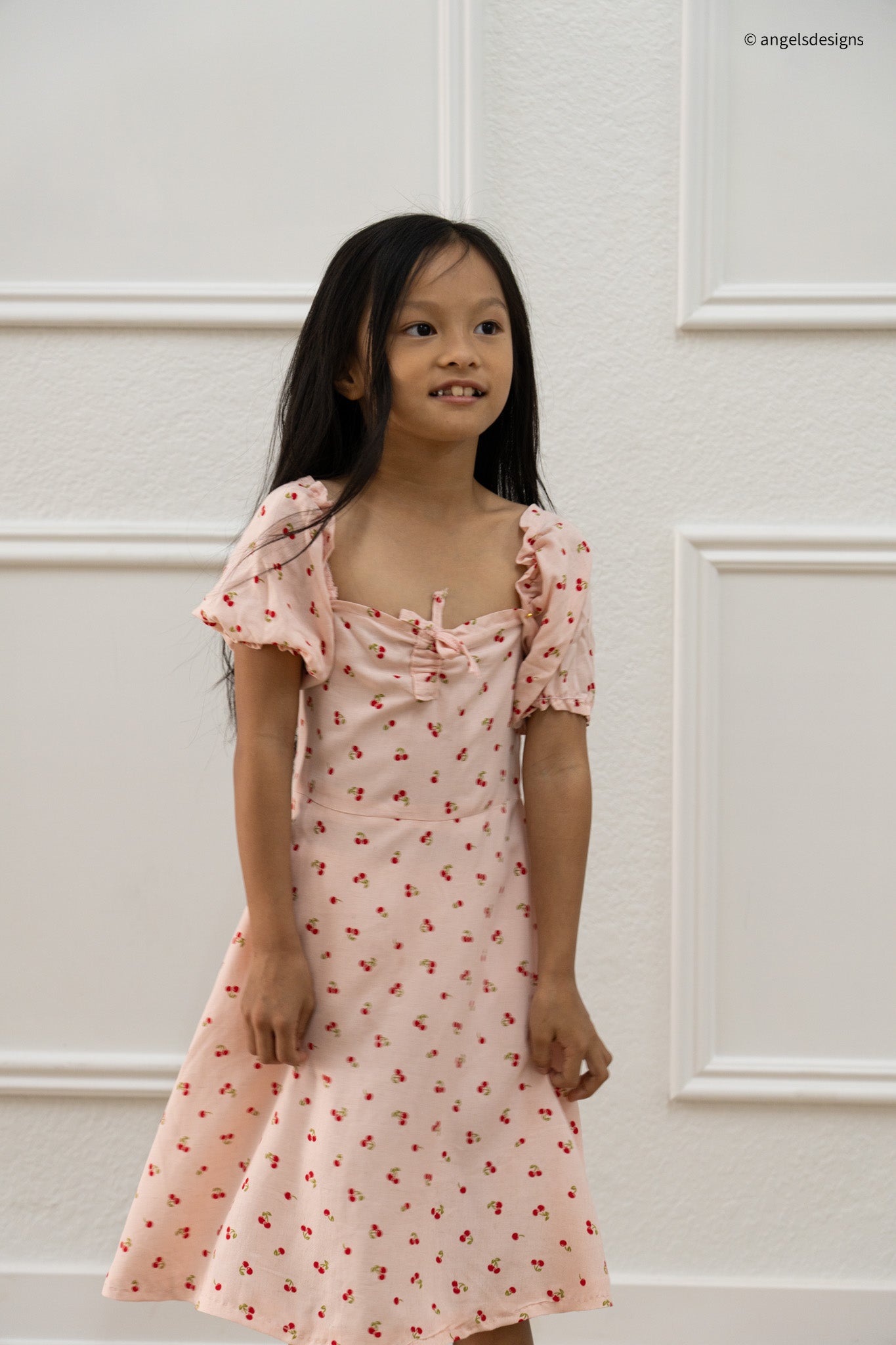 Girls Puff Sleeve Cherry Dress