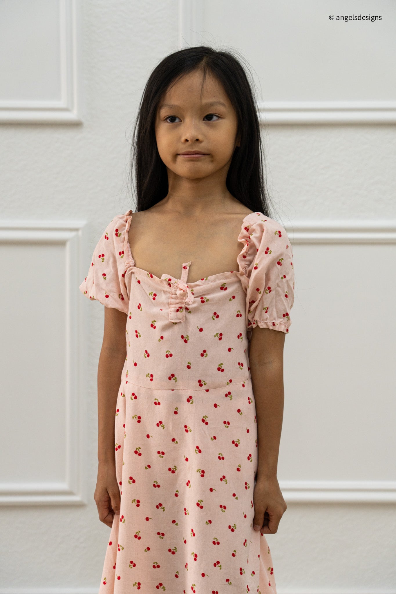 Girls Puff Sleeve Cherry Dress