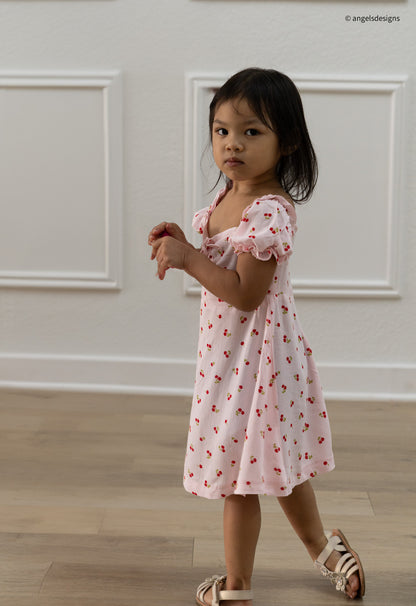Julia Dress-Cherry Dress with puff sleeves