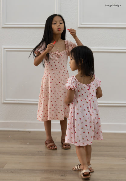 Julia Dress-Cherry Dress with puff sleeves