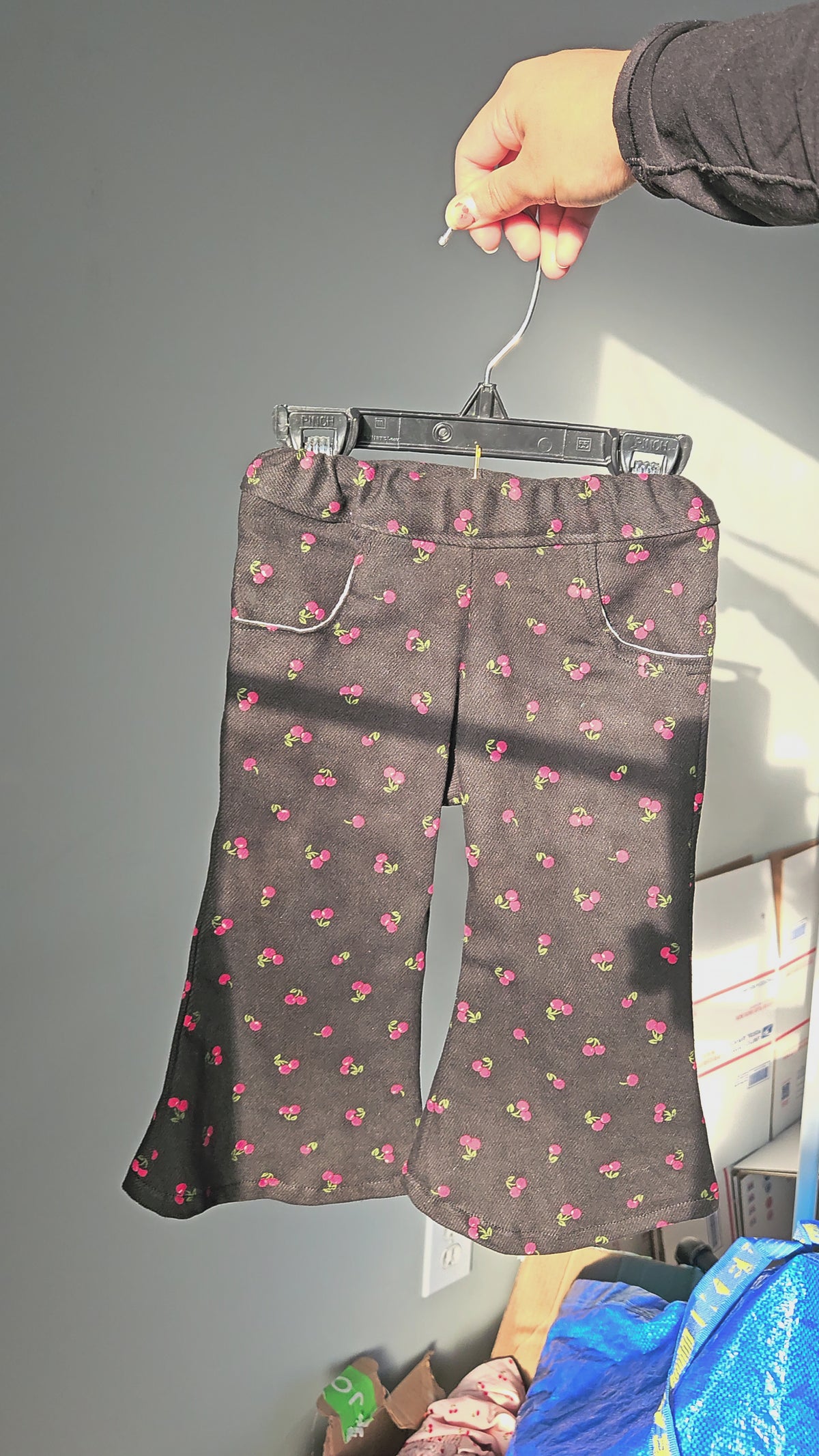 Black Denim Cherry Print Wide leg Pants